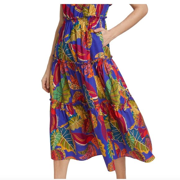 Farm Rio Blue Beaks & Bananas Tiered Midi Dress Size S - Picture 7 of 7
